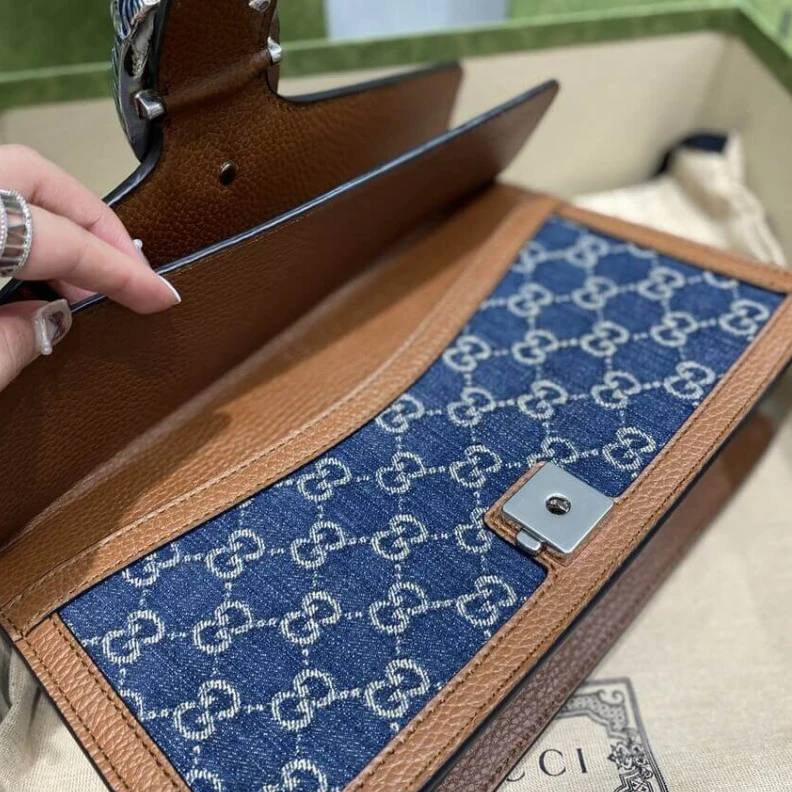 Top lv A message Gucci Small Dionysus Shoulder Bag in Blue Jacquard Denim