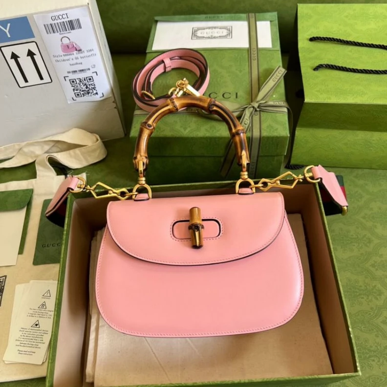 Replica bag Web strap Gucci Small Top Handle Bag with Bamboo Pink