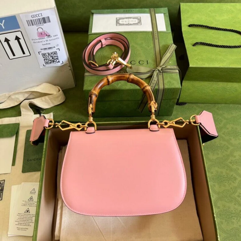 Replica bag Web strap Gucci Small Top Handle Bag with Bamboo Pink