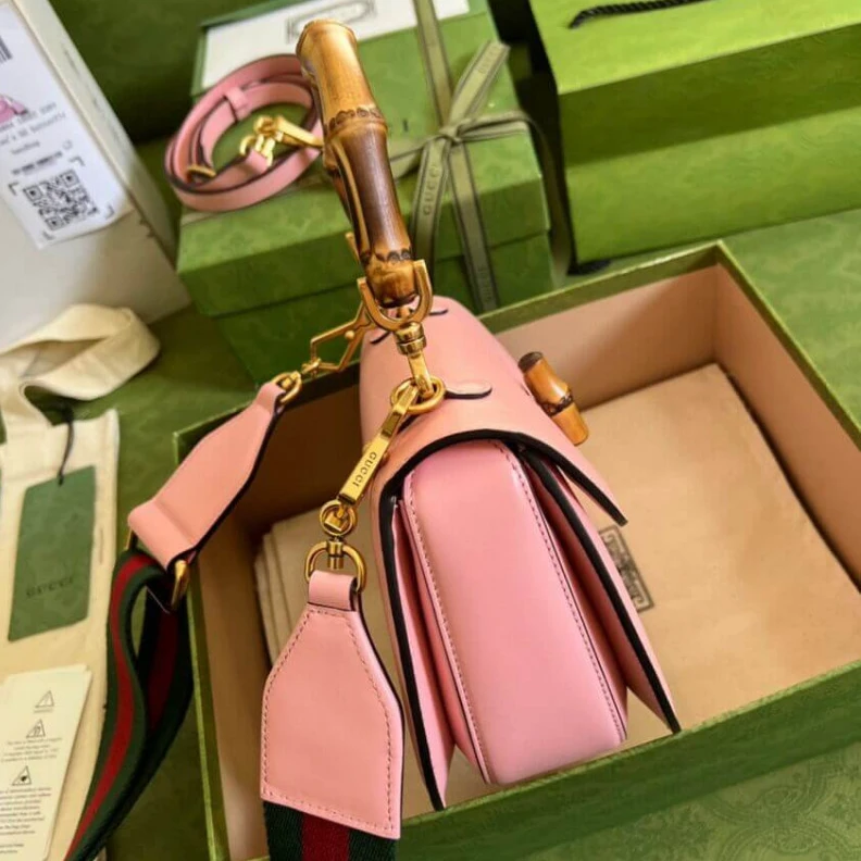 Replica bag Web strap Gucci Small Top Handle Bag with Bamboo Pink