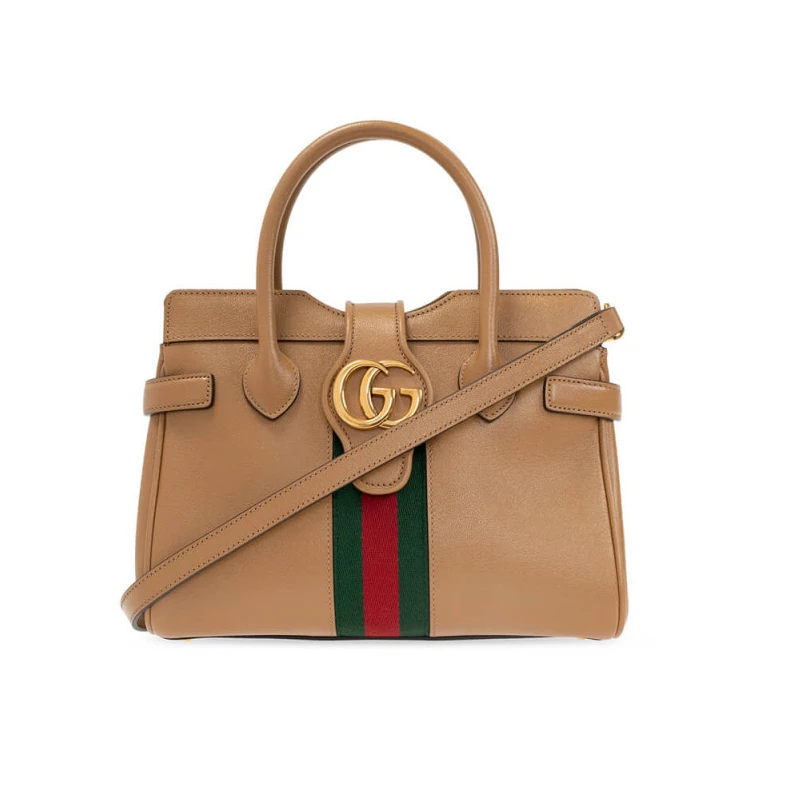 Brown lea Gucci Small Top Handle Bag with Double G in Brown Leather