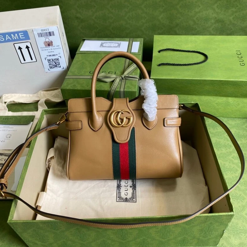 Replica bags Brown lea Gucci Small Top Handle Bag with Double G in Brown Leather