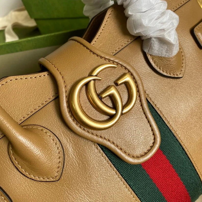Replica bags Brown lea Gucci Small Top Handle Bag with Double G in Brown Leather