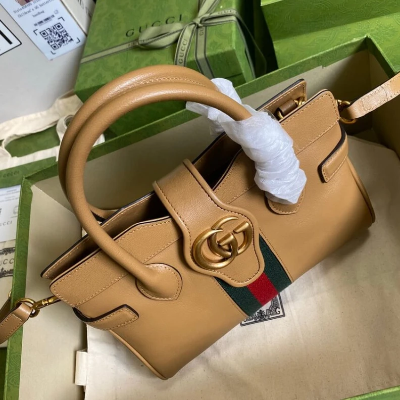 Replica bags Brown lea Gucci Small Top Handle Bag with Double G in Brown Leather