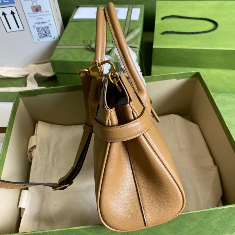 Replica bags Brown lea Gucci Small Top Handle Bag with Double G in Brown Leather