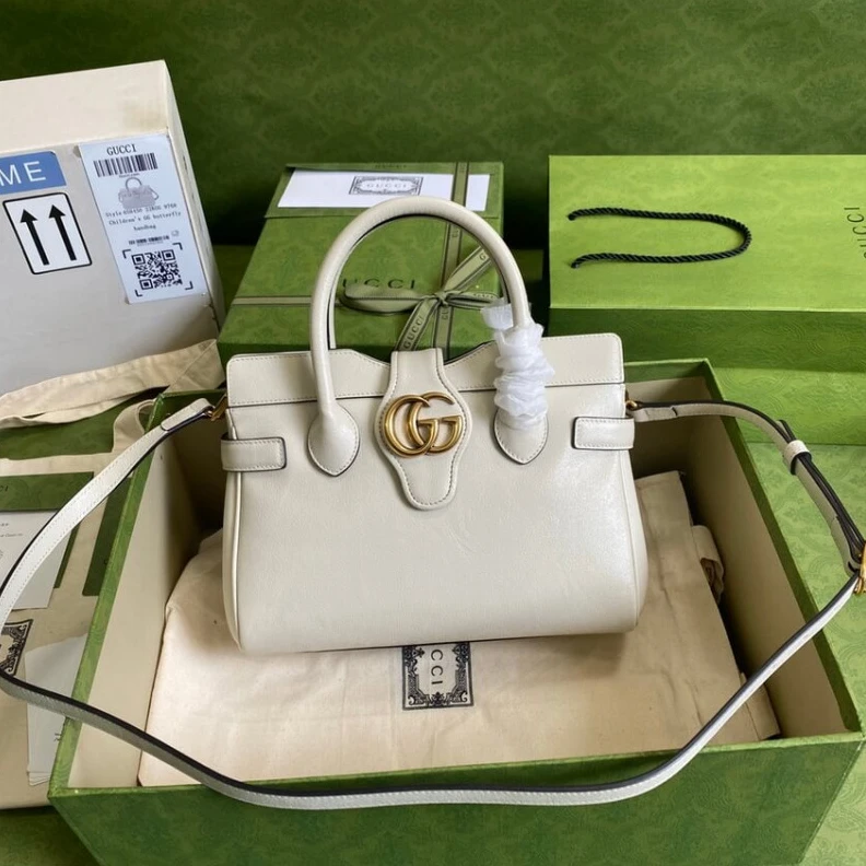 Microfibe Gucci Small Top Handle Bag with Double G in White Leather