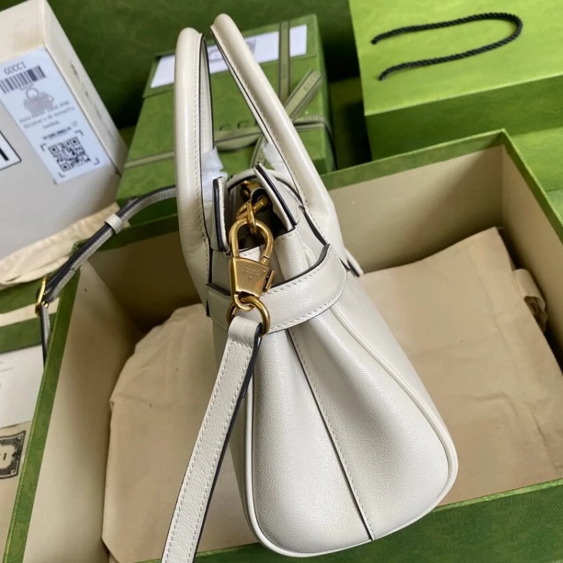 Top lv Microfibe Gucci Small Top Handle Bag with Double G in White Leather