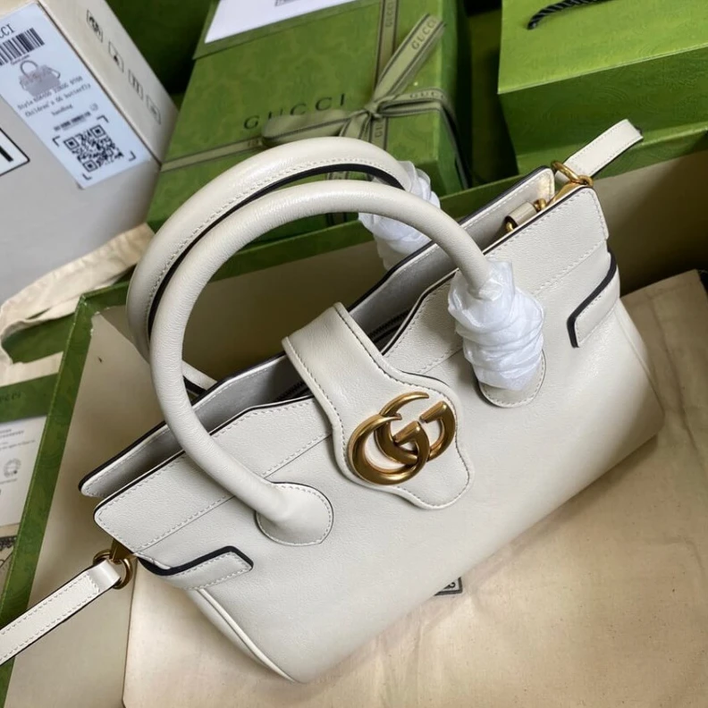 Top lv Microfibe Gucci Small Top Handle Bag with Double G in White Leather