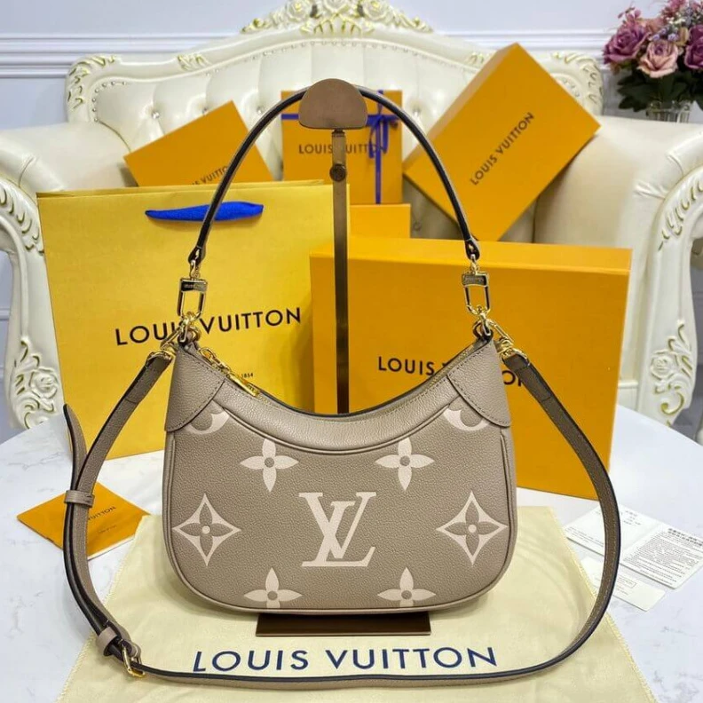 Top lv Tonal mic Louis Vuitton Bicolor Monogram Empreinte Leather Bagatelle Grey Beige