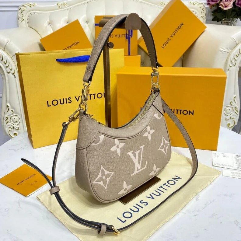 Top lv Tonal mic Louis Vuitton Bicolor Monogram Empreinte Leather Bagatelle Grey Beige