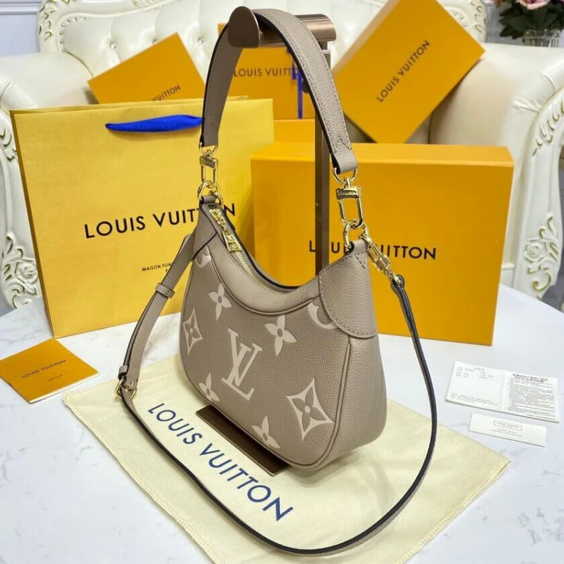 Top lv Tonal mic Louis Vuitton Bicolor Monogram Empreinte Leather Bagatelle Grey Beige