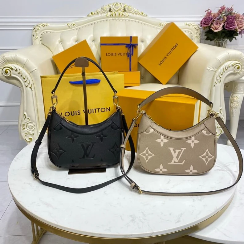Top lv Tonal mic Louis Vuitton Bicolor Monogram Empreinte Leather Bagatelle Grey Beige