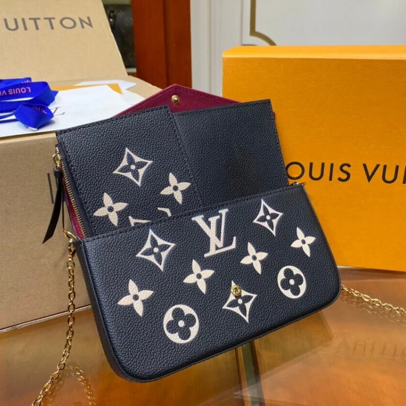 Replica bags Chain Dro Louis Vuitton Bicolor Monogram Empreinte Leather Felicie Pochette Black Beige
