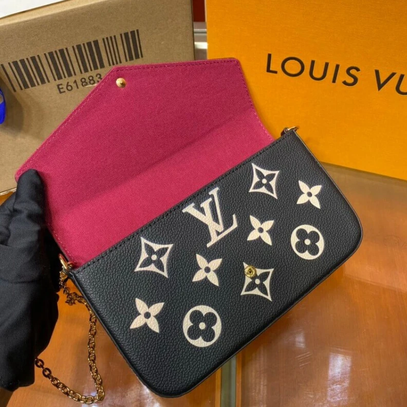 Replica bags Chain Dro Louis Vuitton Bicolor Monogram Empreinte Leather Felicie Pochette Black Beige