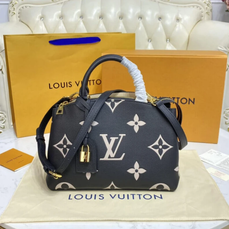 Top lv Name tag Louis Vuitton Bicolor Monogram Empreinte Leather Petit Palais Black Beige