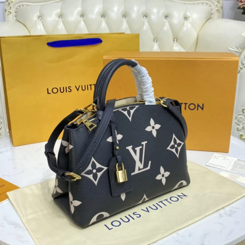Top lv Name tag Louis Vuitton Bicolor Monogram Empreinte Leather Petit Palais Black Beige