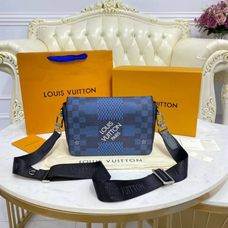 Top lv The new St Louis Vuitton Blue Damier Graphite 3D Canvas Studio Messenger