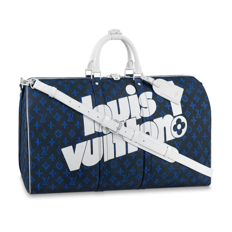 Inside zi Louis Vuitton Blue Vintage Monogram Canvas Keepall Bandouliere 55