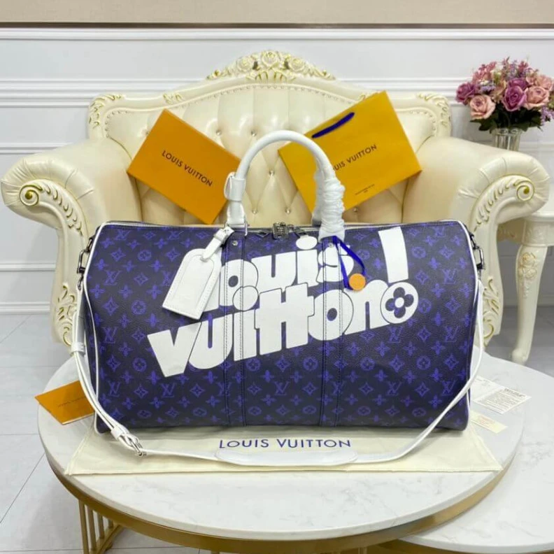 Replica bags Inside zi Louis Vuitton Blue Vintage Monogram Canvas Keepall Bandouliere 55