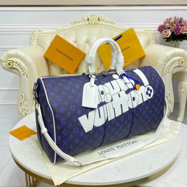 Replica bags Inside zi Louis Vuitton Blue Vintage Monogram Canvas Keepall Bandouliere 55