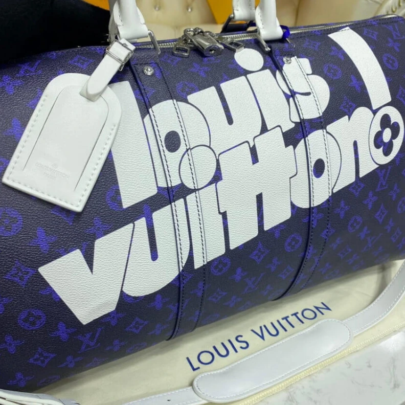 Replica bags Inside zi Louis Vuitton Blue Vintage Monogram Canvas Keepall Bandouliere 55