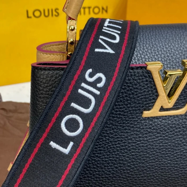 Replica bag Snap hook Louis Vuitton Capucines BB Black Arizona Beige