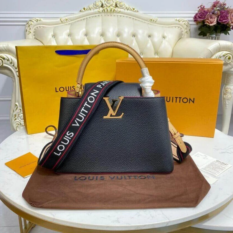 Replica bags Louis Vuitton Capucines MM Black Arizona Beige