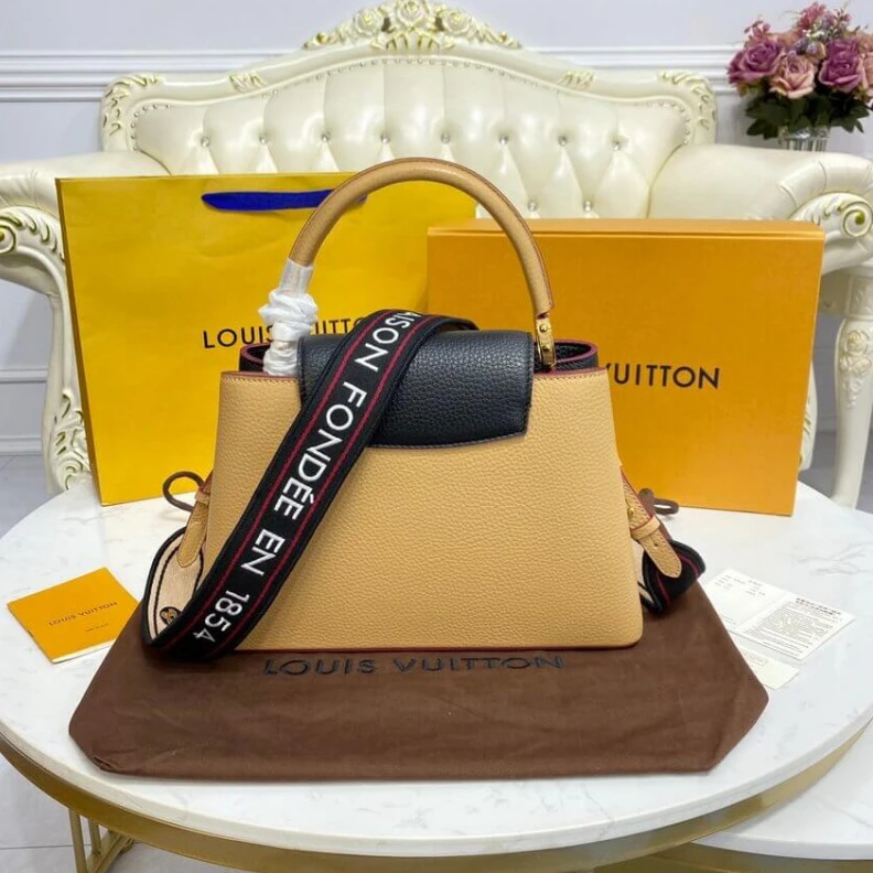 Replica bags Louis Vuitton Capucines MM Black Arizona Beige