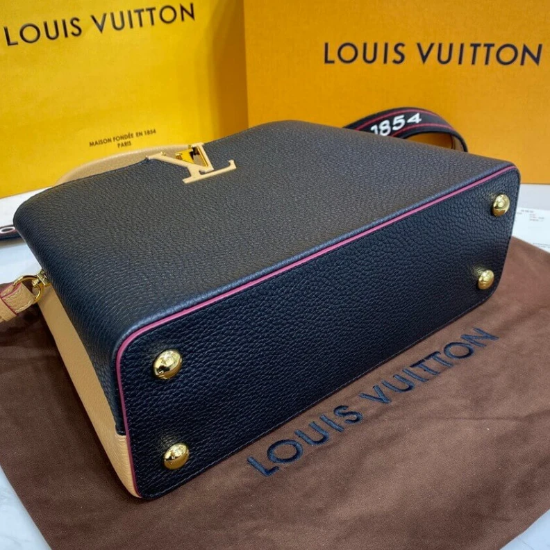 Replica bags Louis Vuitton Capucines MM Black Arizona Beige