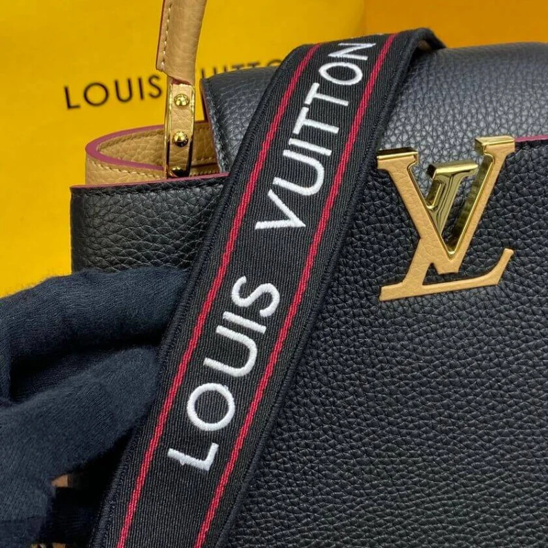 Replica bags Louis Vuitton Capucines MM Black Arizona Beige