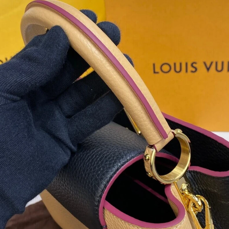 Replica bags Louis Vuitton Capucines MM Black Arizona Beige