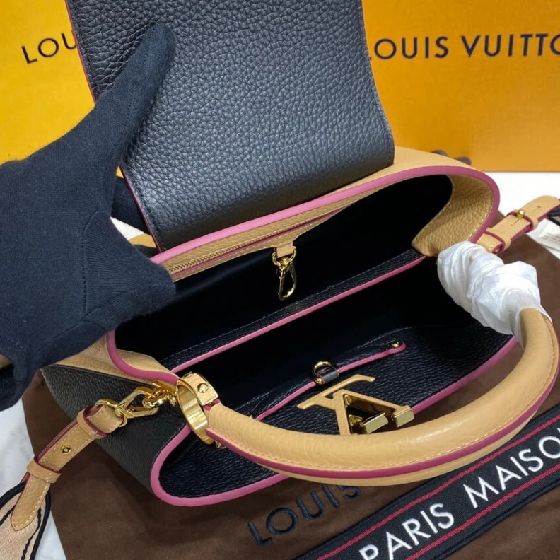 Replica bags Louis Vuitton Capucines MM Black Arizona Beige