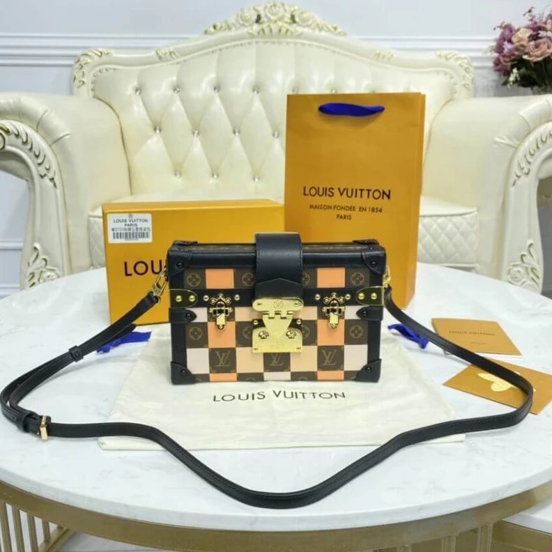 Mythick.ru Calfleath LV Checkerboard Canvas Petite Malle Orange