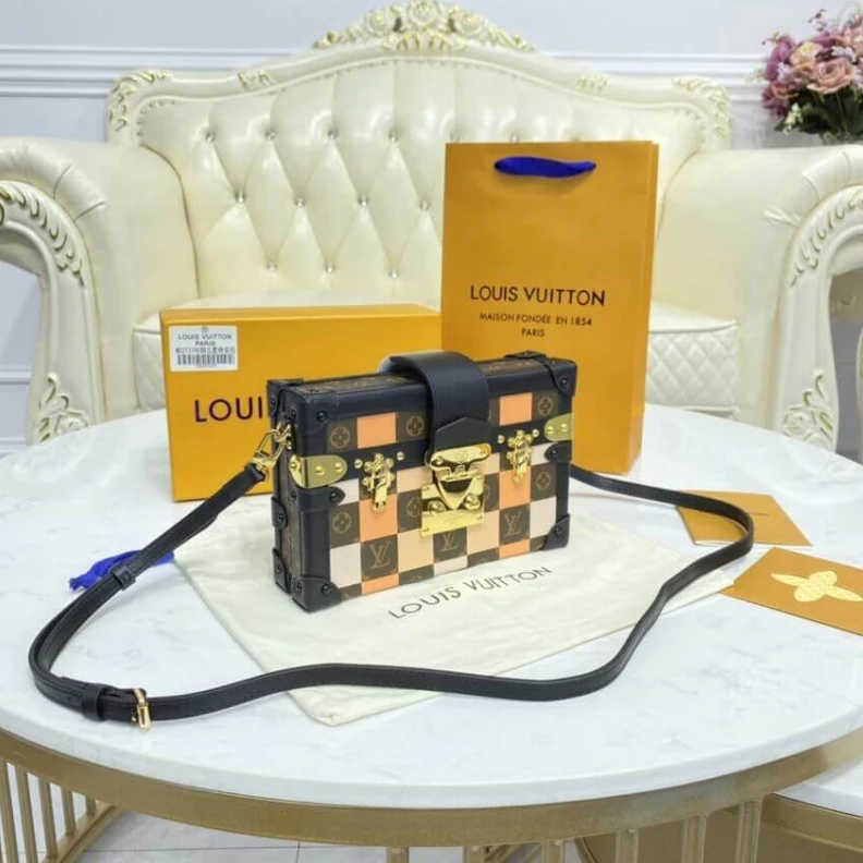 Mythick.ru Calfleath LV Checkerboard Canvas Petite Malle Orange