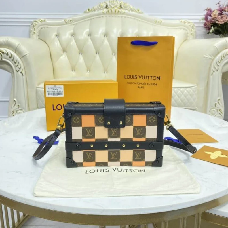 Mythick.ru Calfleath LV Checkerboard Canvas Petite Malle Orange