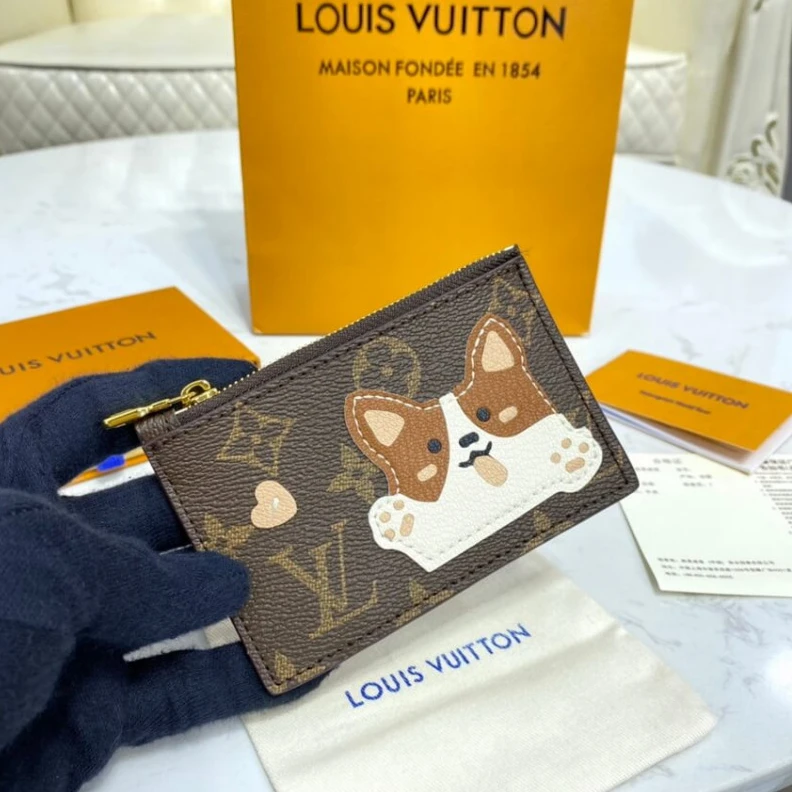 Zip closu Louis Vuitton Cute Corgi Coin Pouch Brown