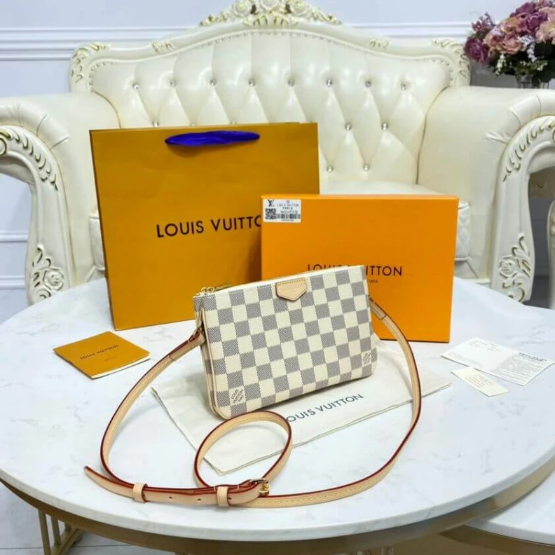 Lv belts replica Microfibe LV Damier Azur Double Zip Pochette