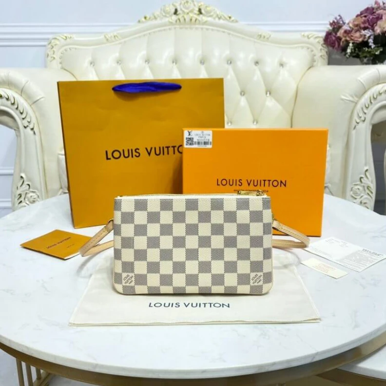 Lv belts replica Microfibe LV Damier Azur Double Zip Pochette