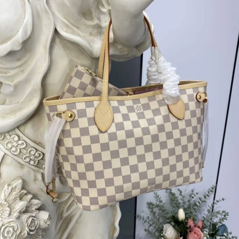 Lv belts replica The Neverf LV Damier Azur Neverfull PM Pink