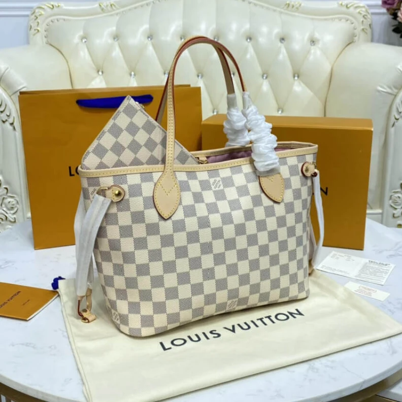 Lv belts replica The Neverf LV Damier Azur Neverfull PM Pink