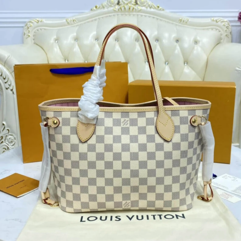 Lv belts replica The Neverf LV Damier Azur Neverfull PM Pink