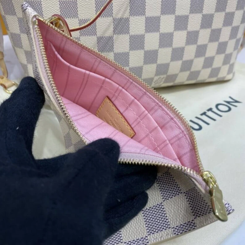 Lv belts replica The Neverf LV Damier Azur Neverfull PM Pink