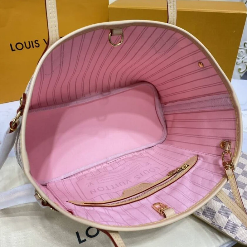 Lv belts replica The Neverf LV Damier Azur Neverfull PM Pink