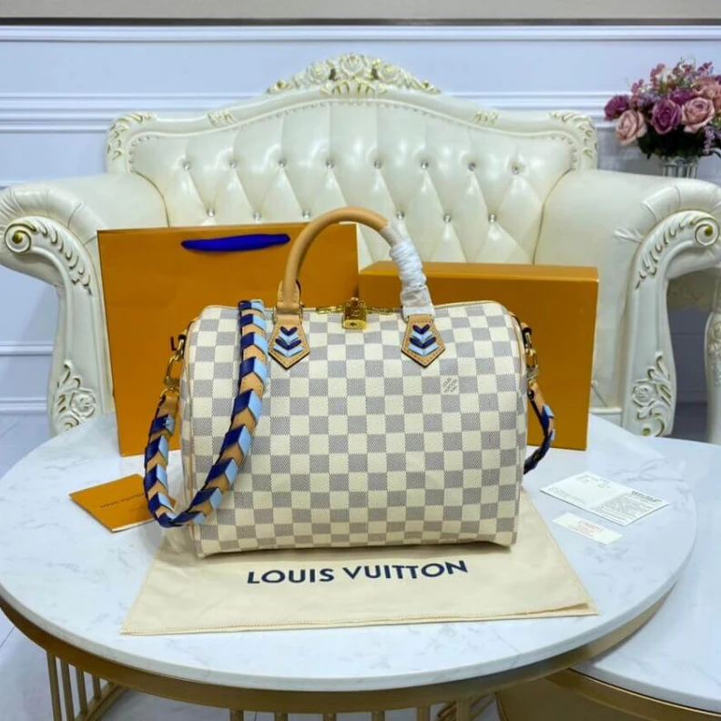 Replica bags lv Goldcolor Louis Vuitton Damier Azur Speedy Bandouliere 30 Blue