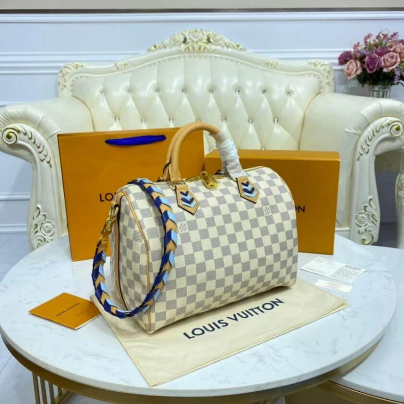 Replica bags lv Goldcolor Louis Vuitton Damier Azur Speedy Bandouliere 30 Blue