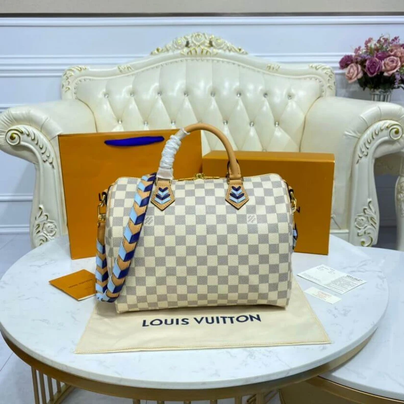 Replica bags lv Goldcolor Louis Vuitton Damier Azur Speedy Bandouliere 30 Blue