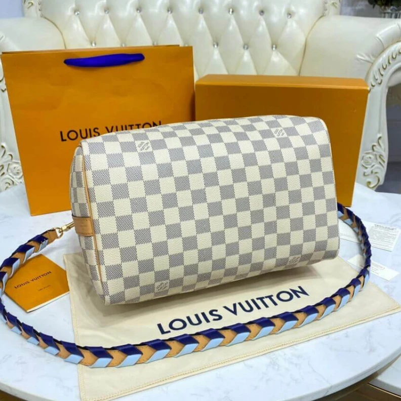 Replica bags lv Goldcolor Louis Vuitton Damier Azur Speedy Bandouliere 30 Blue