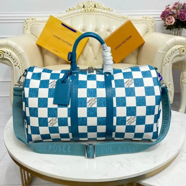 Replica bags Cabin siz Louis Vuitton Damier Checkerboard Pattern Keepall Bandoulière 45 Green