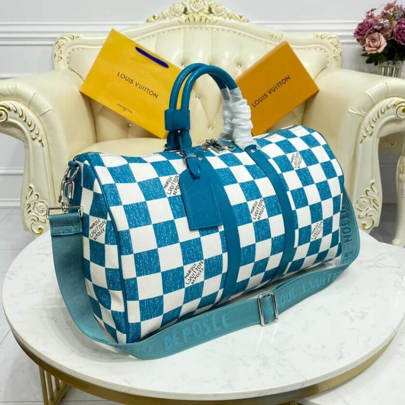 Replica bags Cabin siz Louis Vuitton Damier Checkerboard Pattern Keepall Bandoulière 45 Green