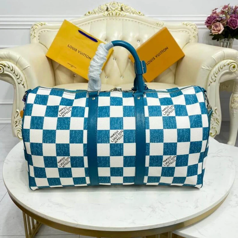Replica bags Cabin siz Louis Vuitton Damier Checkerboard Pattern Keepall Bandoulière 45 Green
